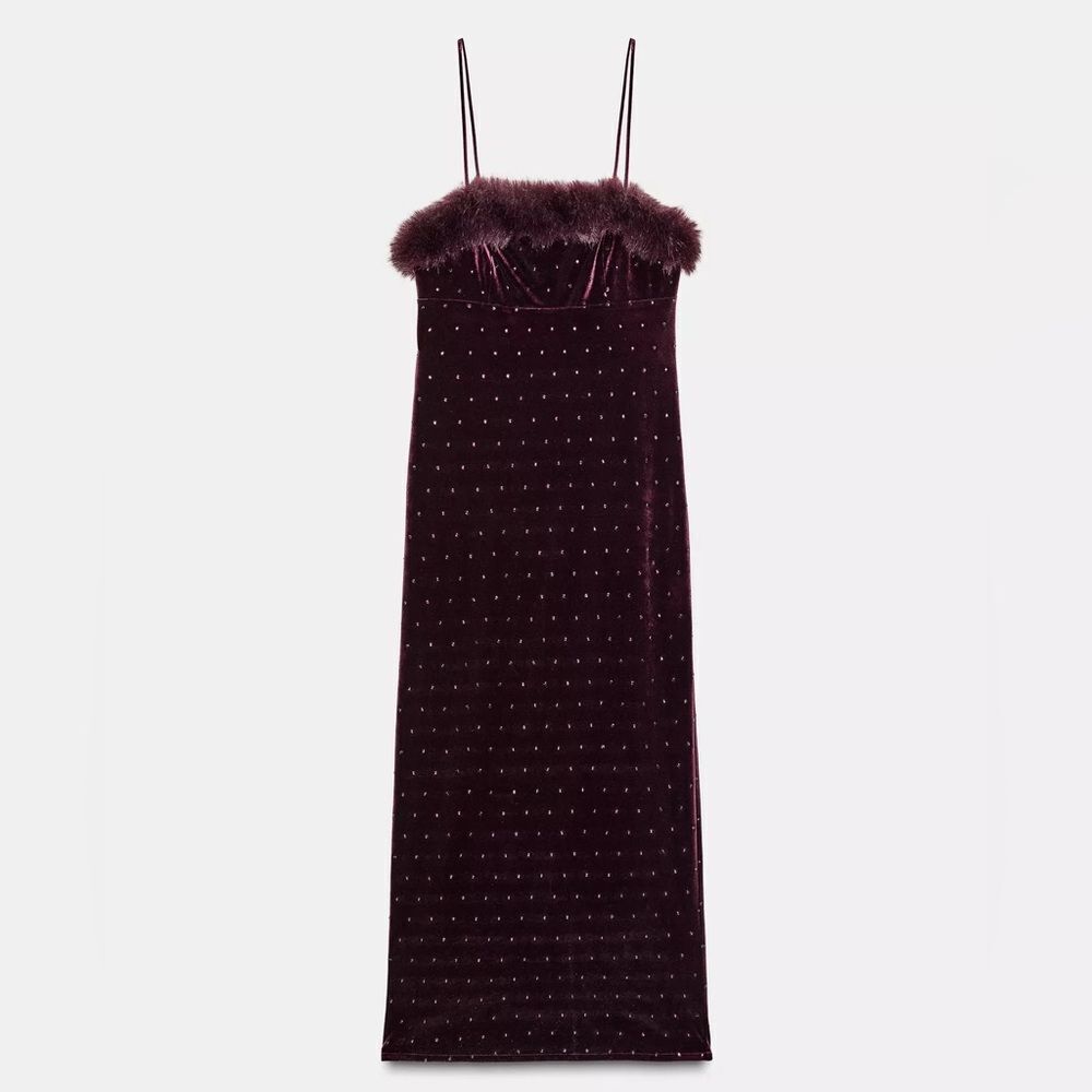 ZARA VELVET BEADED FAUX FUR MIDI DRESS - Picture 11 of 13